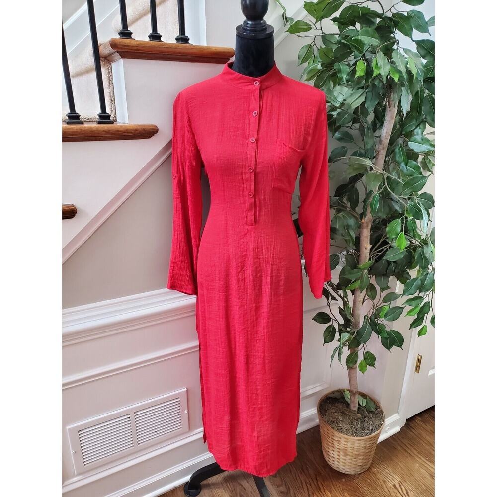 Women's Solid Red Polyester Long Sleeve Button Front Down Long Casual Maxi Dress
